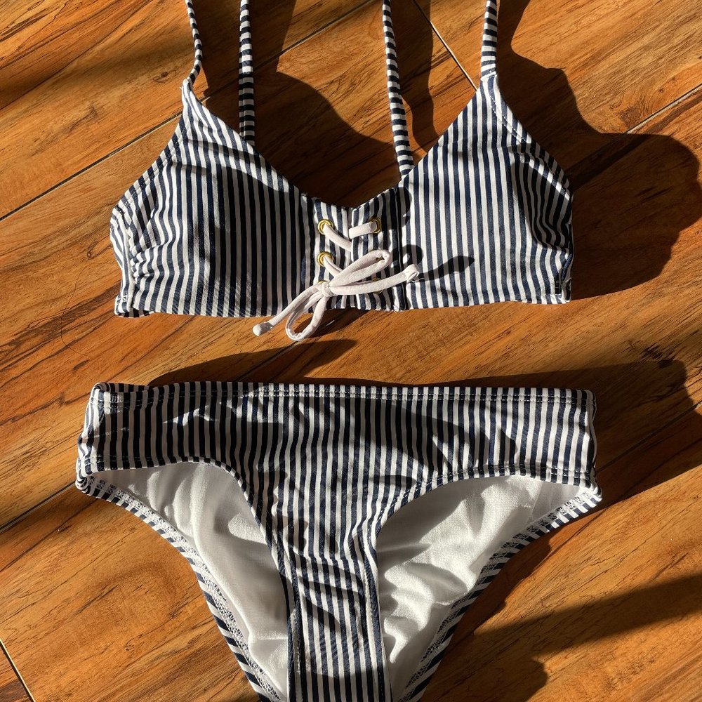 Dark Blue and White Striped Bikini Set, Size XS